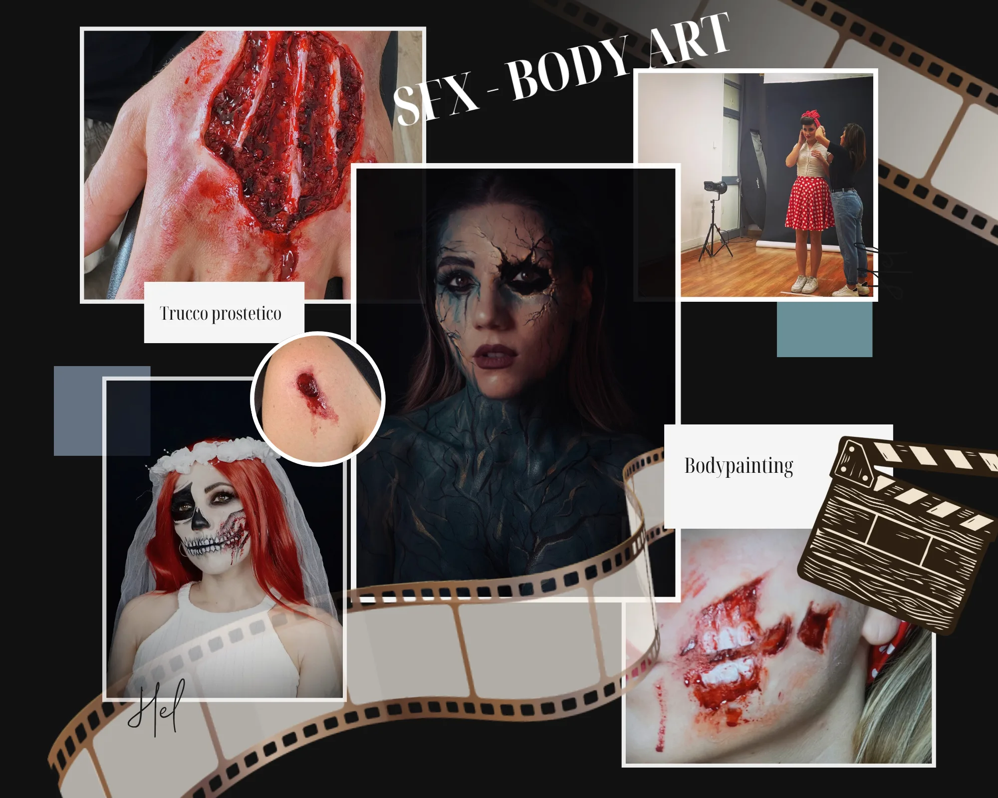Collage «SFX - Body Art»: ferite e trucco prostetico su mano, spalla e viso, un bodypainting a crepe su viso e petto, una sposa scheletro, e il trucco di una modella su un set fotografico.